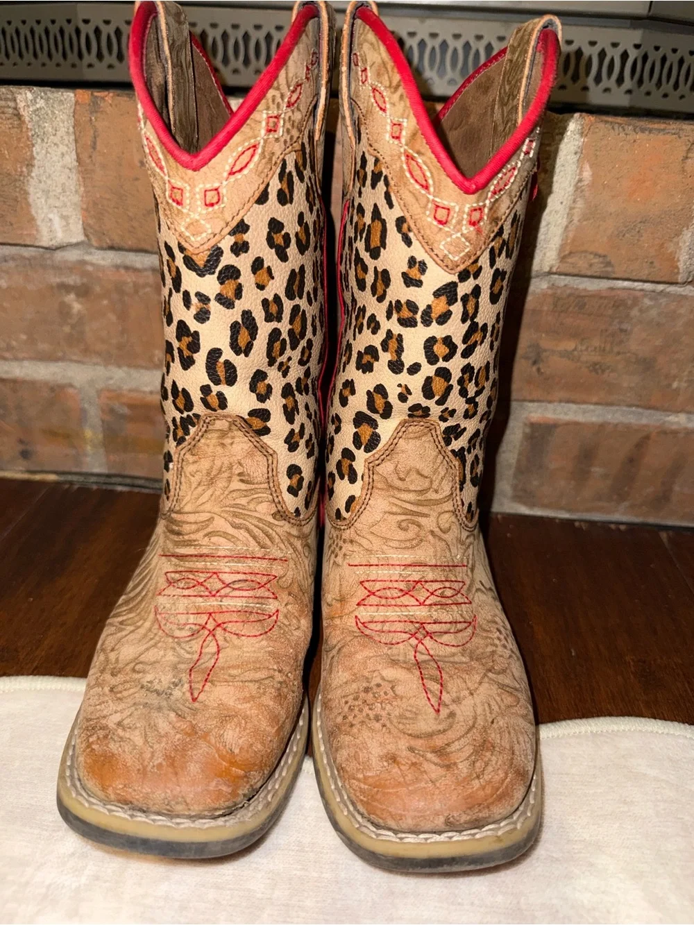 Twister Kids Leopard Print Tan Cowboy Boots with Red Accents